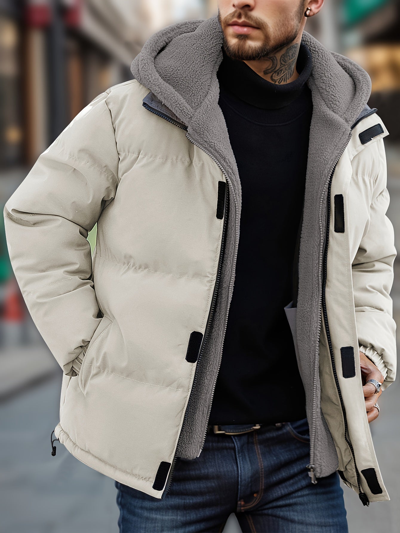 Cálido grueso con capucha sin cremallera de imitación de dos piezas chaqueta de invierno para los hombres | Perfecto para actividades al aire libre