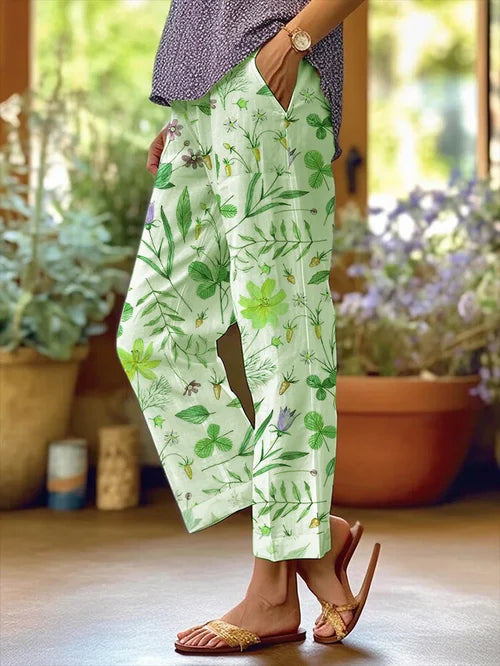 Women's Floral Patterned Loose Pocket Patchwork Casual Trousers