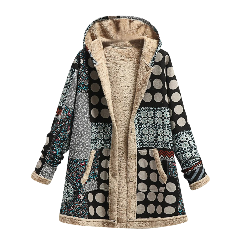 Lujosa, elegante y cálida chaqueta con capucha de patchwork de piel de oveja para mujer
