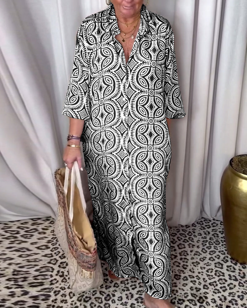 Arabella - Vestido vintage largo estampado con bolsillo con solapa