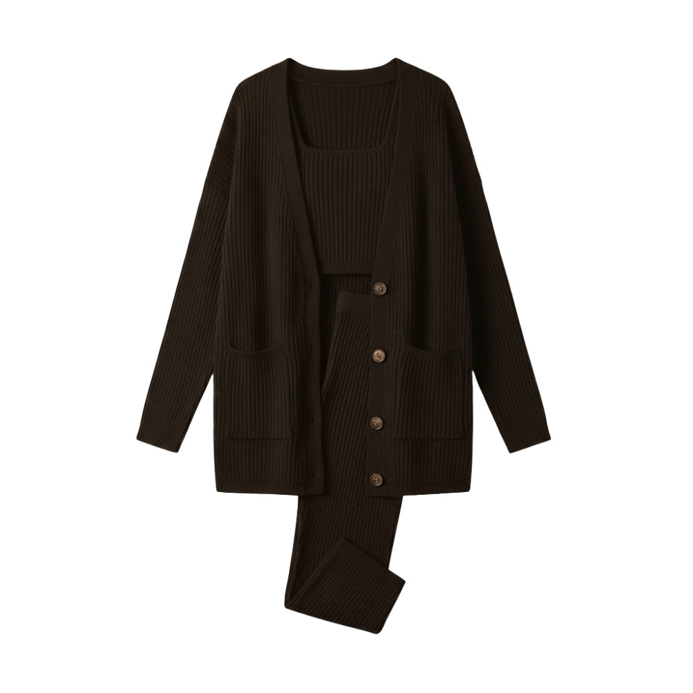 Arden | Conjunto de tres piezas para mujer: cárdigan, chaleco y pantalones
