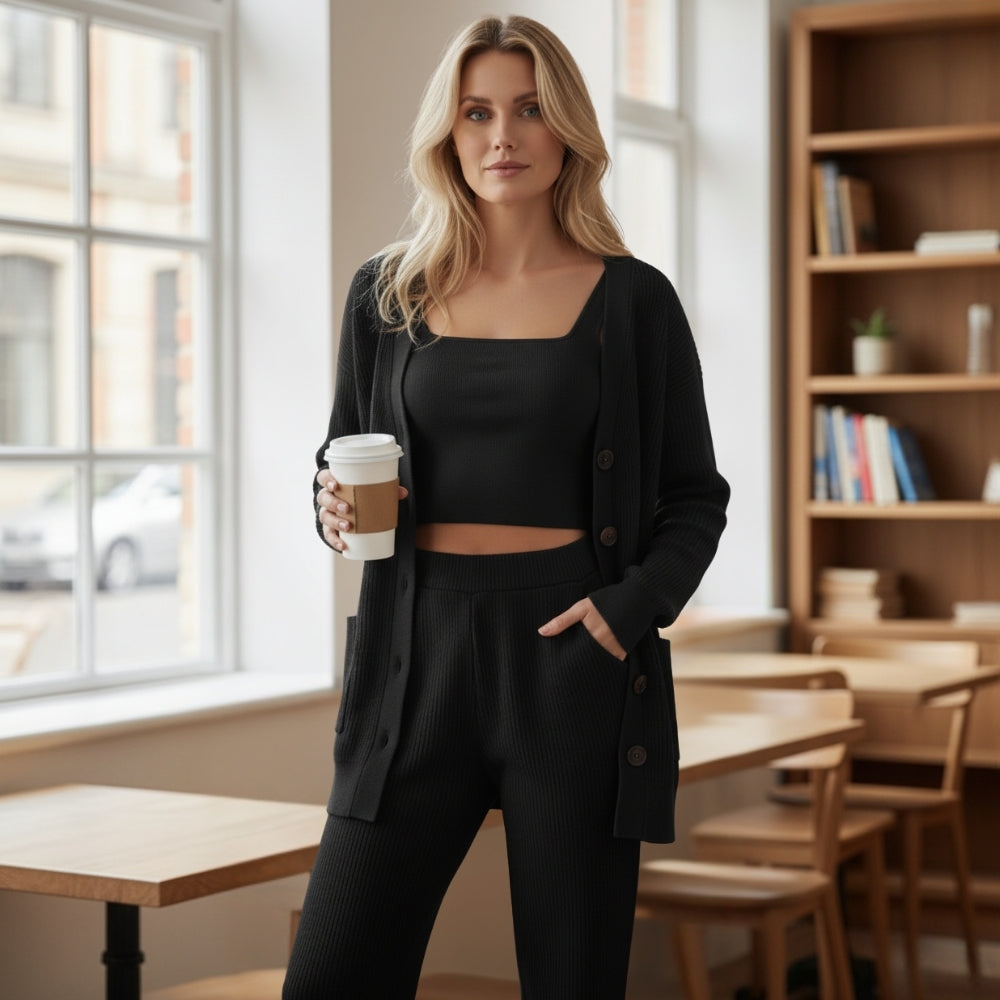 Arden | Conjunto de tres piezas para mujer: cárdigan, chaleco y pantalones