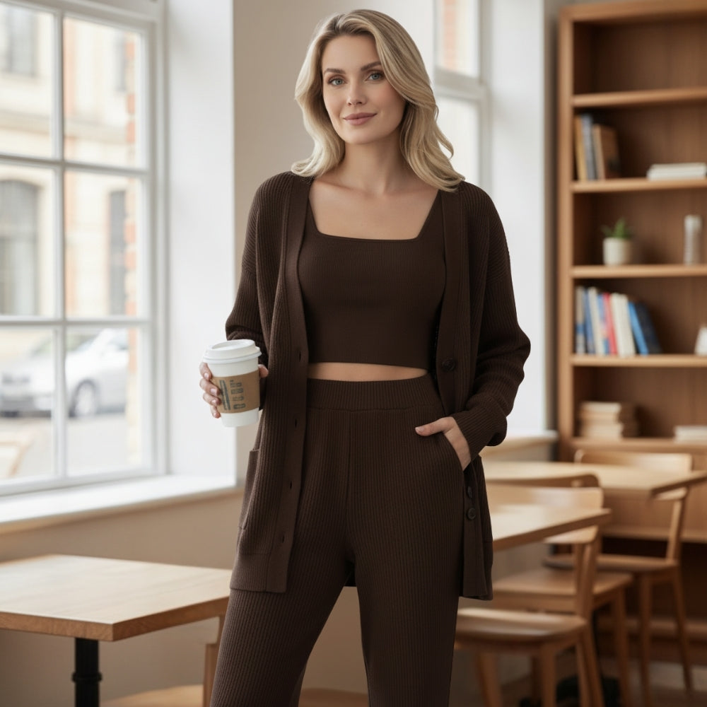 Arden | Conjunto de tres piezas para mujer: cárdigan, chaleco y pantalones
