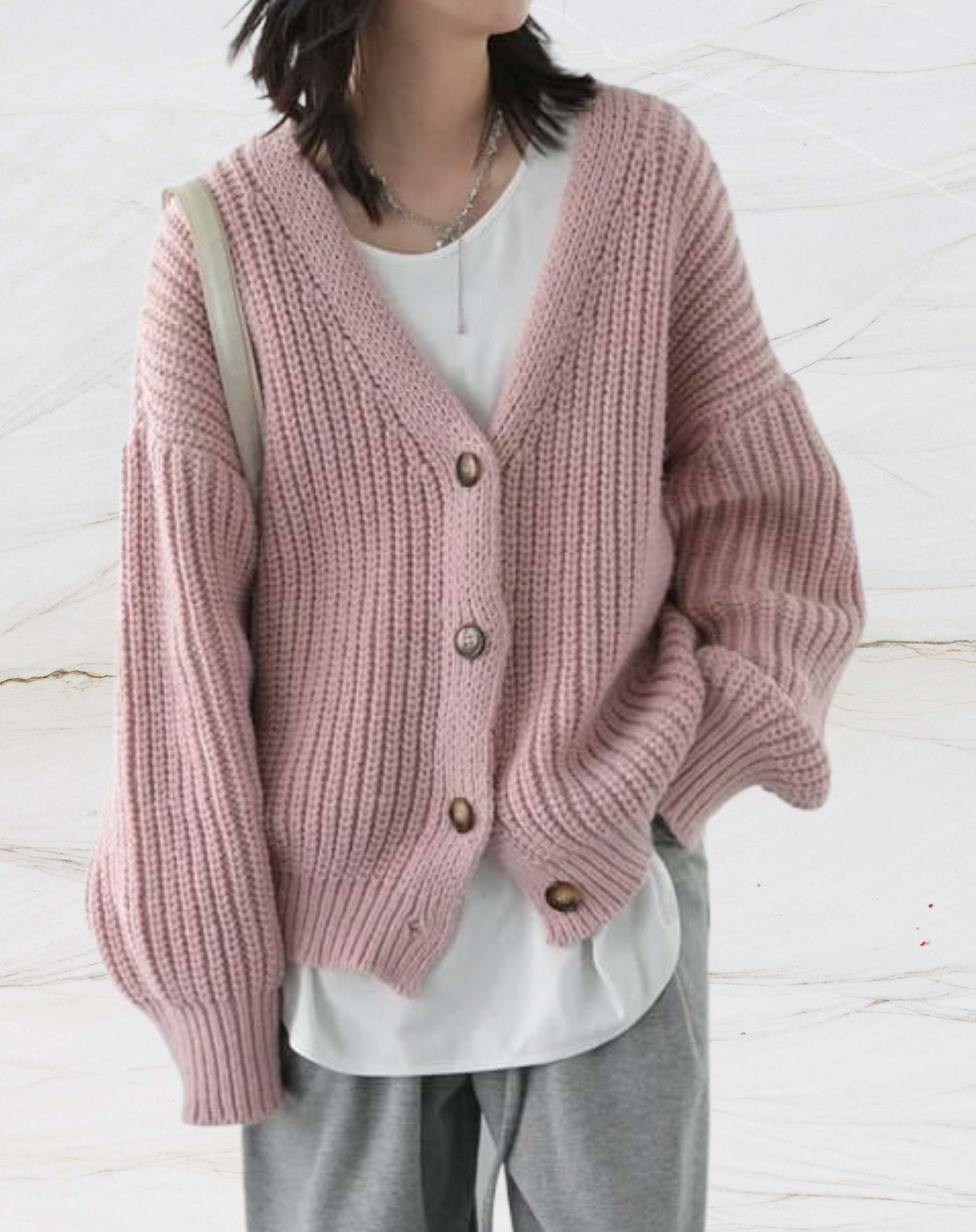 Heart - Jersey de punto de invierno con cuello de pico y cierre de botones para mujer