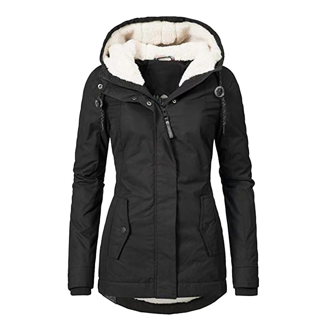Elegante chubasquero con capucha, forro polar, cremallera y bolsillos para mujer | Ideal para otoño/invierno