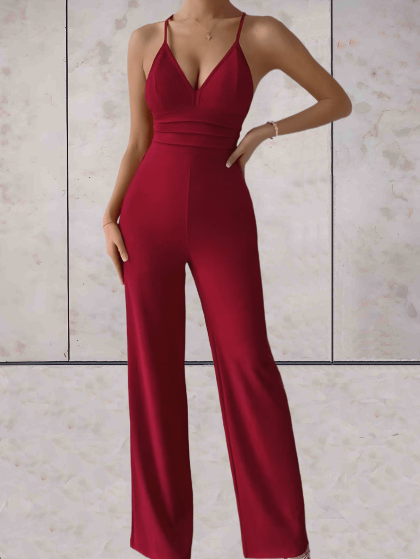 Camille - Elegante y chic mono sin mangas con escote en V, espalda descubierta y piernas anchas