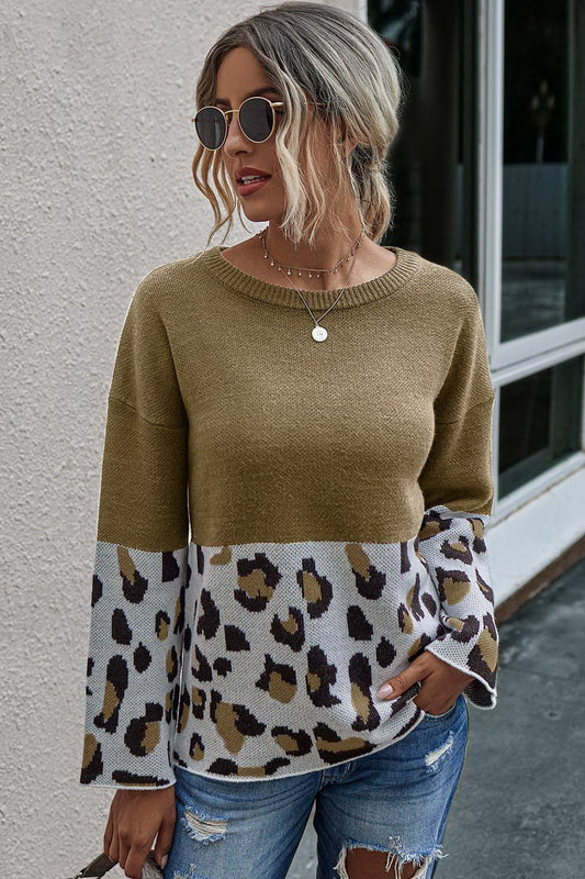 Jersey de cuello redondo con estampado de leopardo para mujer