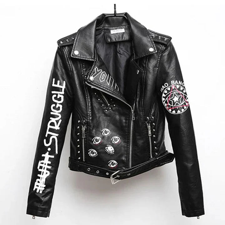 Elegante chaqueta de cuero de motorista de la vendimia con el faux para las mujeres | Perfecto para los días casuales