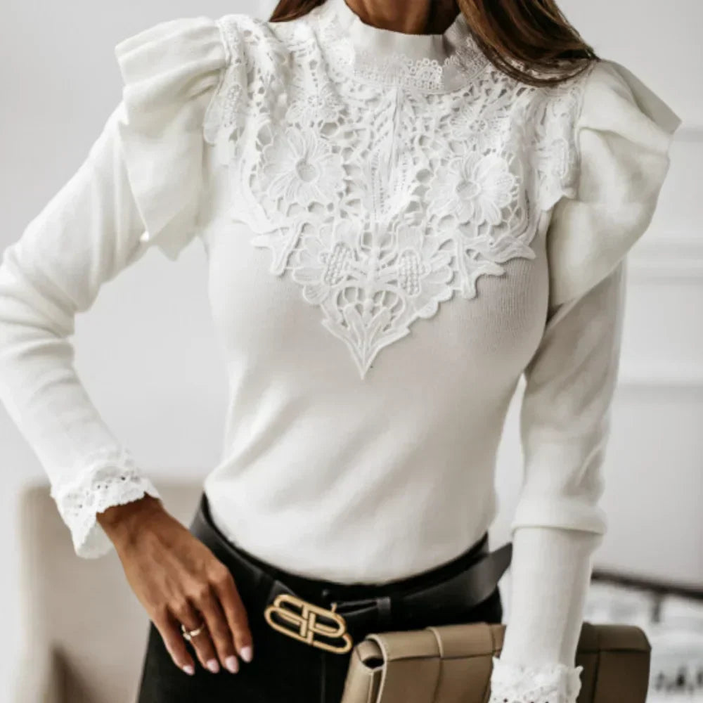 Mina - Jersey de mujer con cuello, volantes y encaje