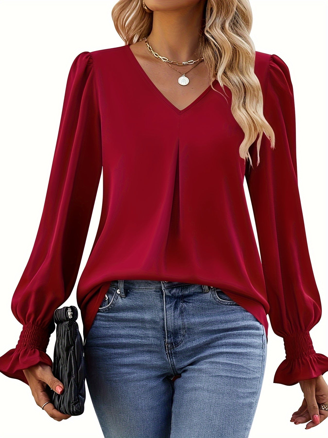 Blusa de gasa fucsia con cuello en V - Mangas largas y diseño ligero
