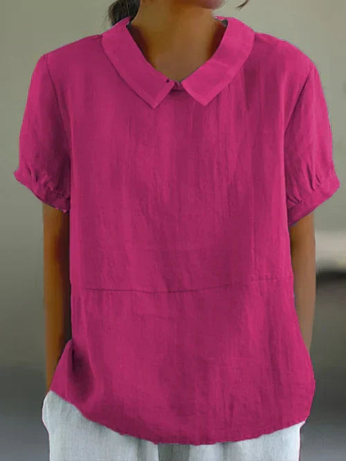 Aireada blusa de lino para mujer de manga corta con cuello abullonado