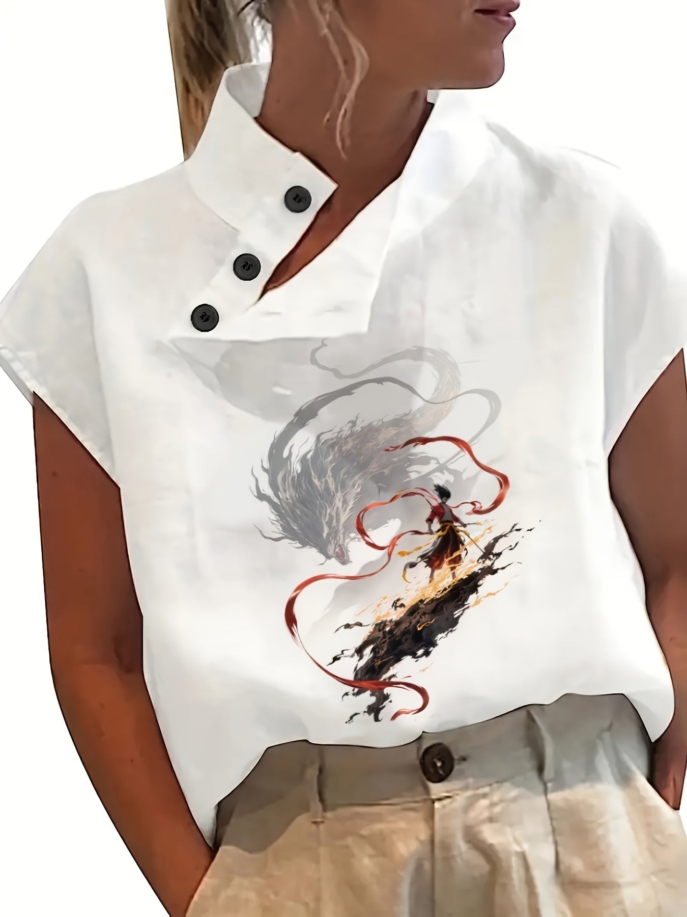 Camisa estampada de manga corta - Manga murciélago y tejido ligero
