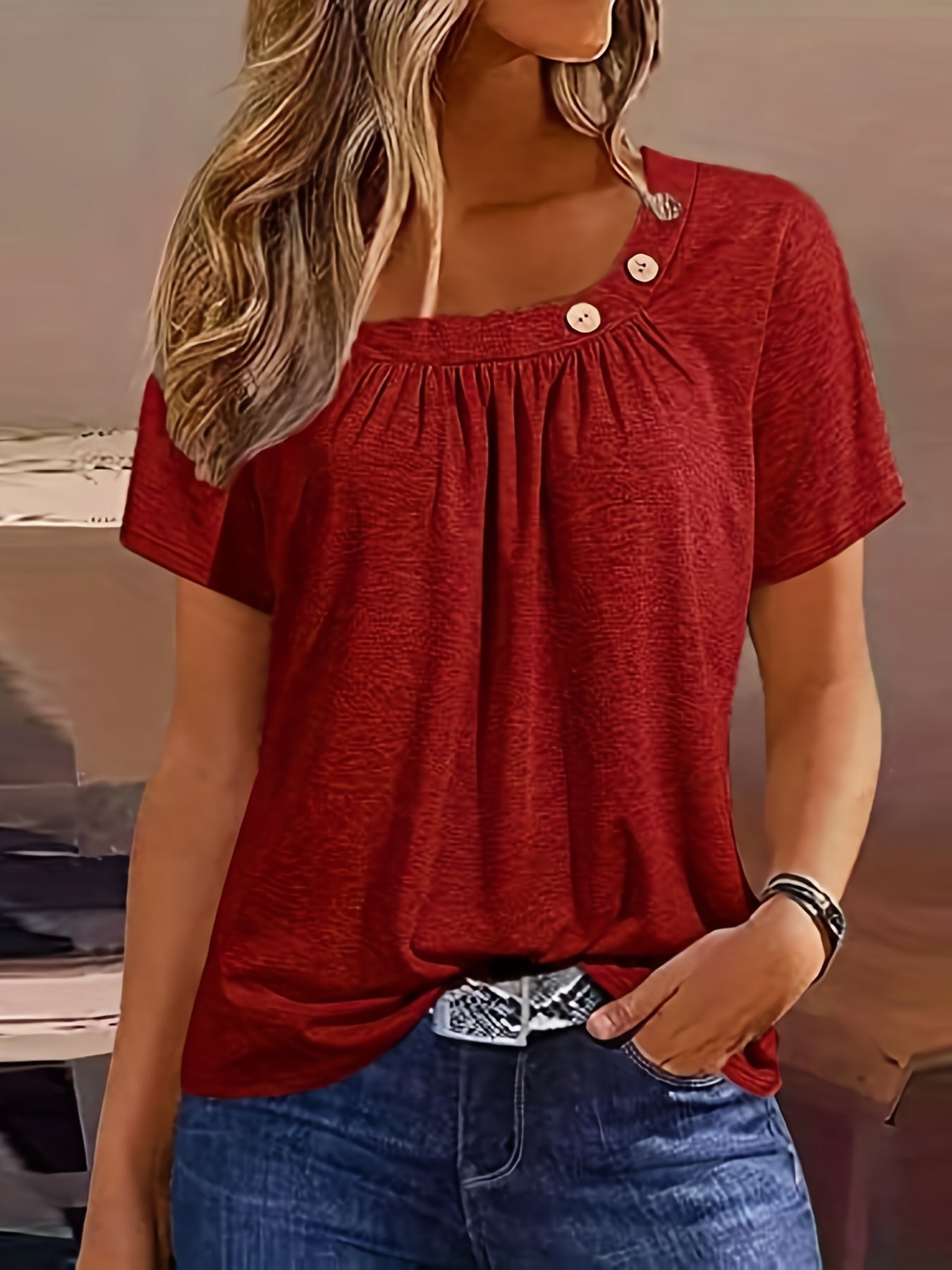 Blusa lisa fruncida - Escote asimétrico y mangas cortas