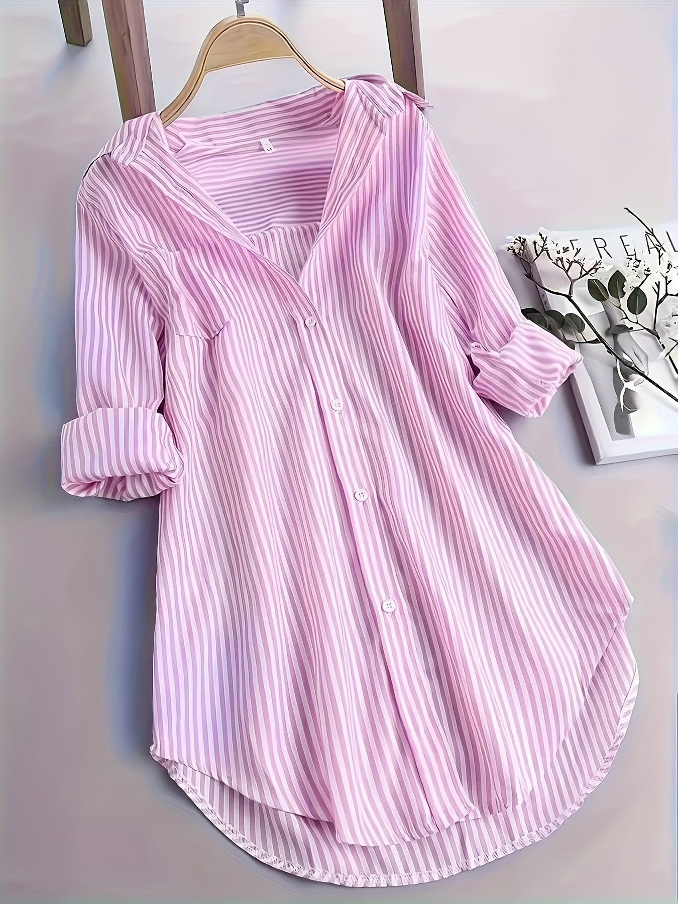 Camisa A Rayas Con Botones Delanteros - Dobladillo Curvo Y Mangas Largas