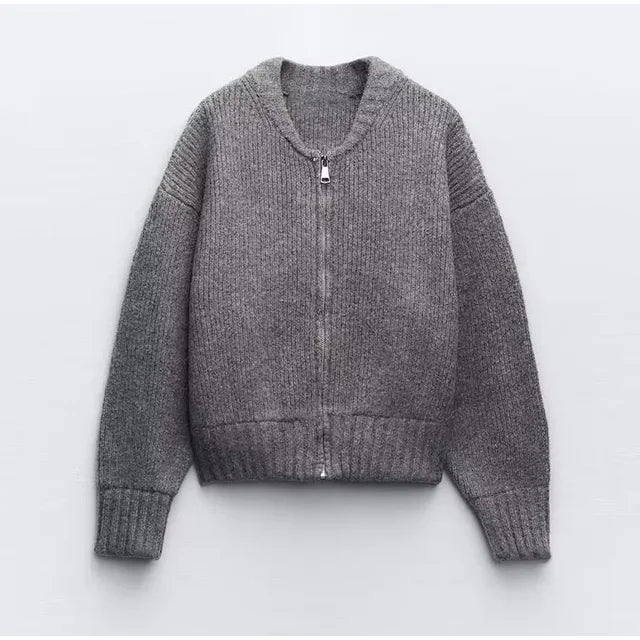 Nina - Elegante abrigo de punto gris de cuello redondo para mujer
