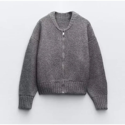 Nina - Elegante abrigo de punto gris de cuello redondo para mujer