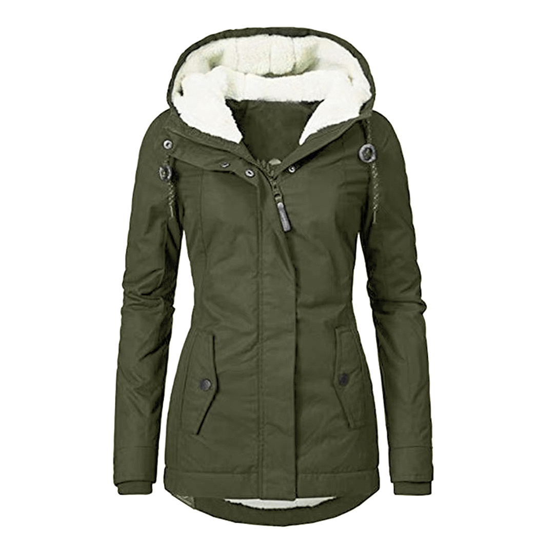Elegante chubasquero con capucha, forro polar, cremallera y bolsillos para mujer | Ideal para otoño/invierno