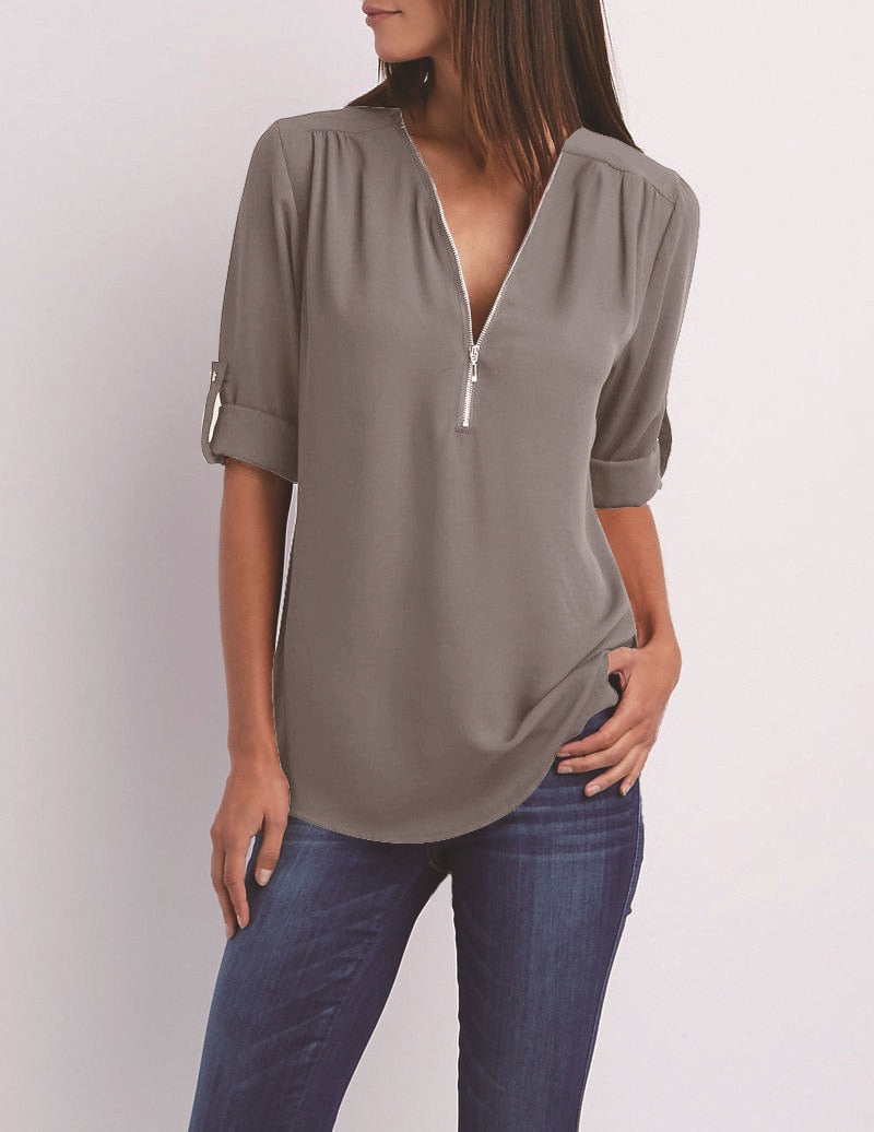 Más tamaño de cuello en V Zip Camisa de manga larga | Sexy Casual Blusa para Mujer