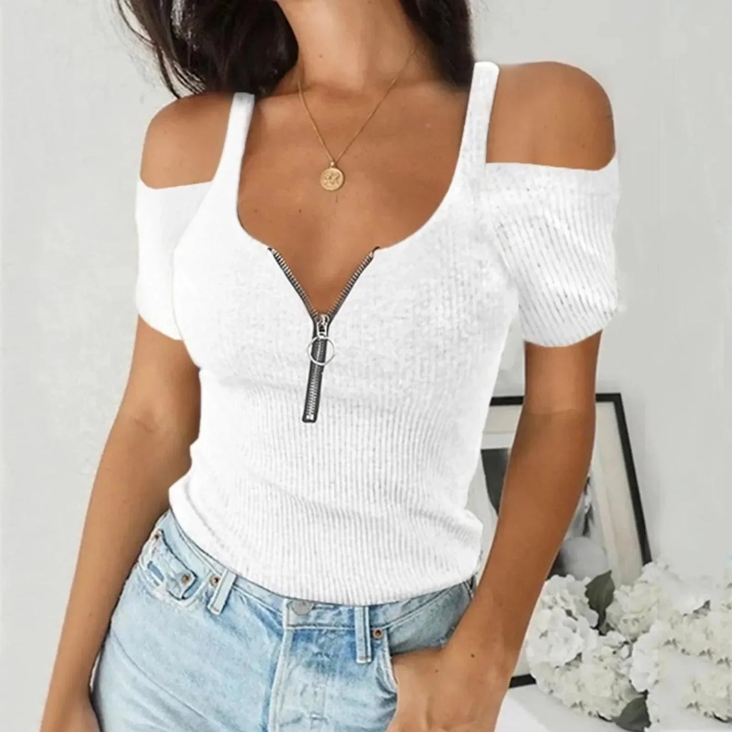 Top sin hombros | Moderno | Tejido acanalado, Cuello en V profundo con detalle de cremallera | Perfecto para ropa casual y de noche