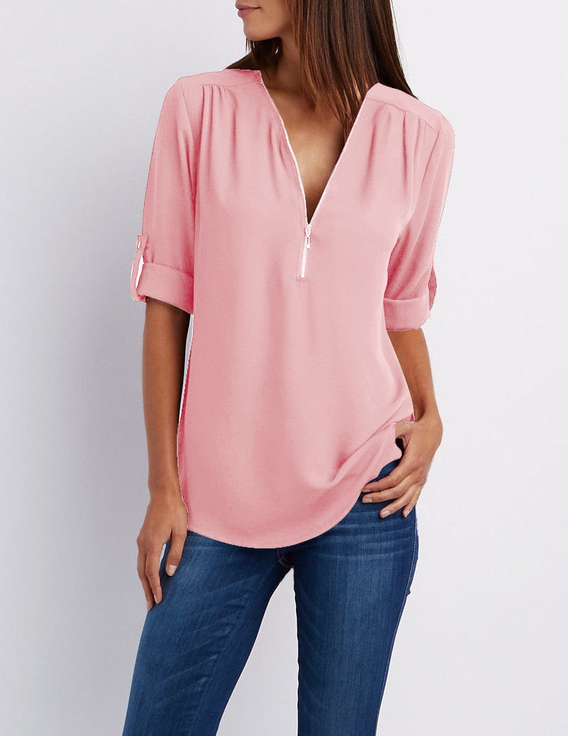 Más tamaño de cuello en V Zip Camisa de manga larga | Sexy Casual Blusa para Mujer