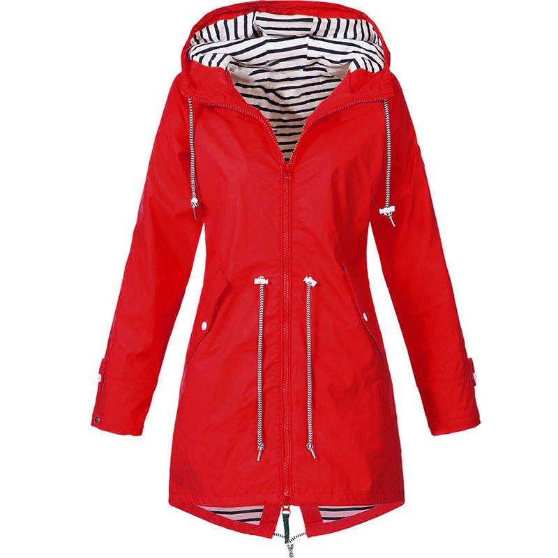 Elegante chubasquero impermeable con capucha, cremallera y bolsillos para mujer | Perfecto para otoño/invierno