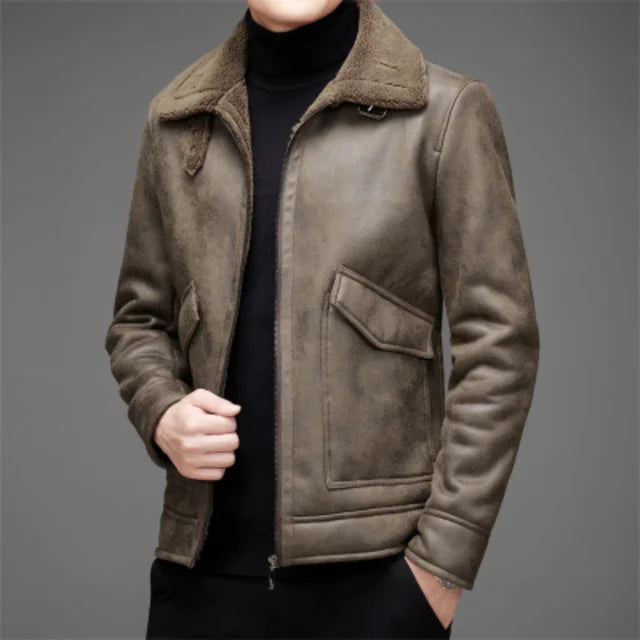 Cálida chaqueta de cuero vegano con lana y capucha para hombre | Perfecta para todas las estaciones