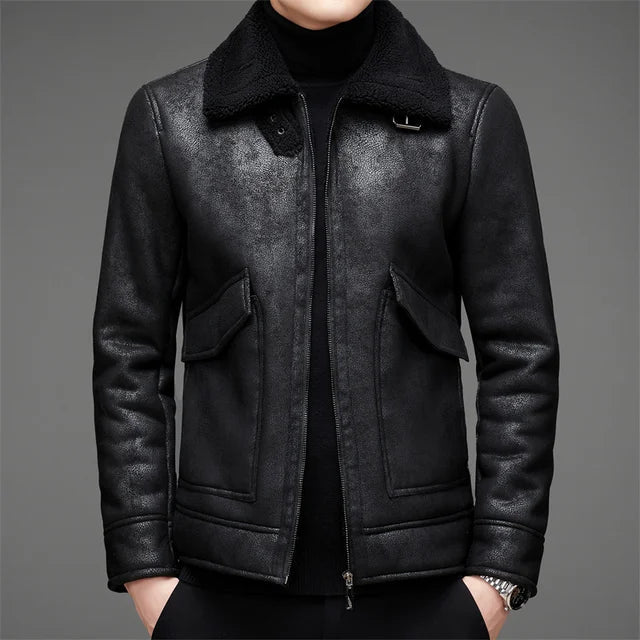 Cálida chaqueta de cuero vegano con lana y capucha para hombre | Perfecta para todas las estaciones