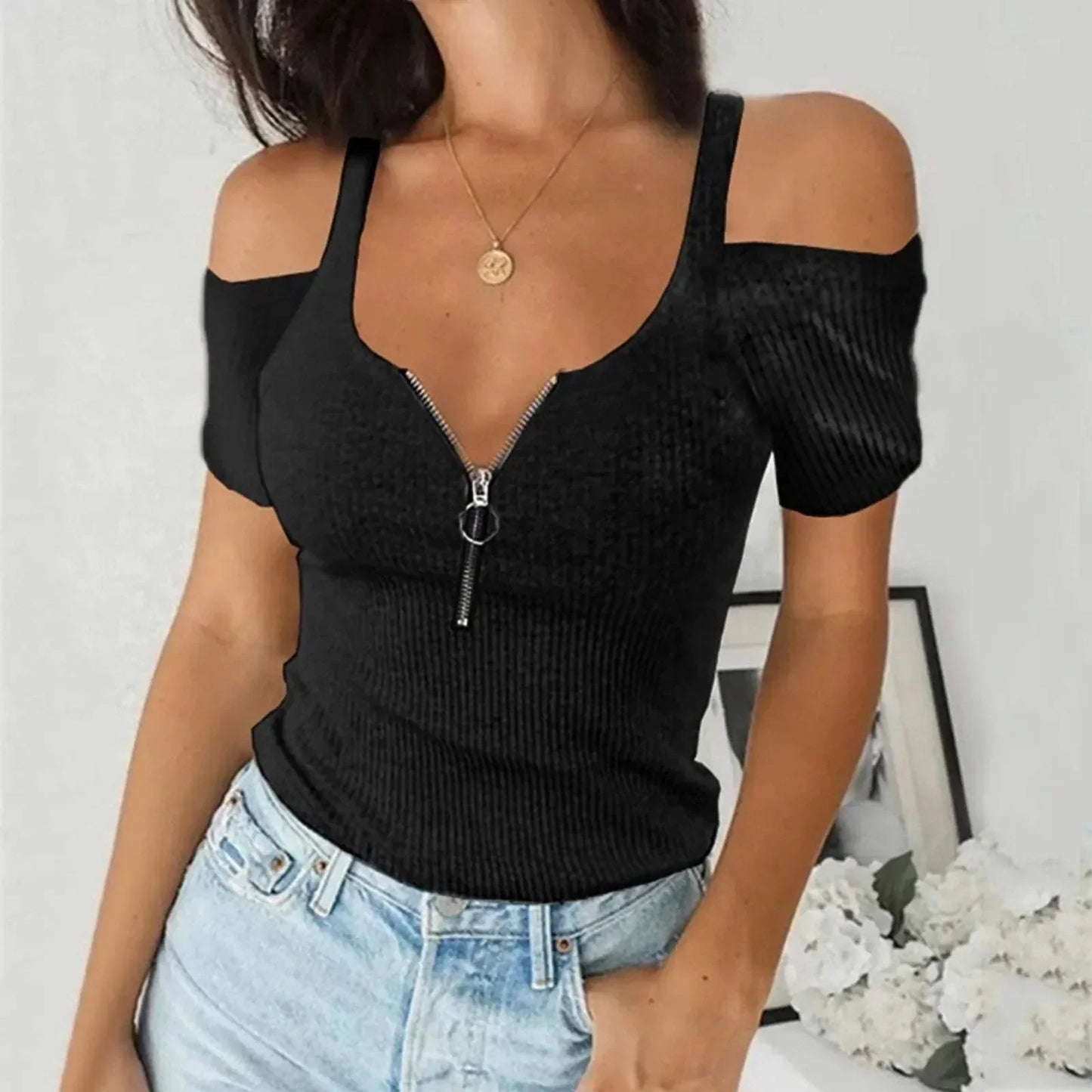 Top sin hombros | Moderno | Tejido acanalado, Cuello en V profundo con detalle de cremallera | Perfecto para ropa casual y de noche