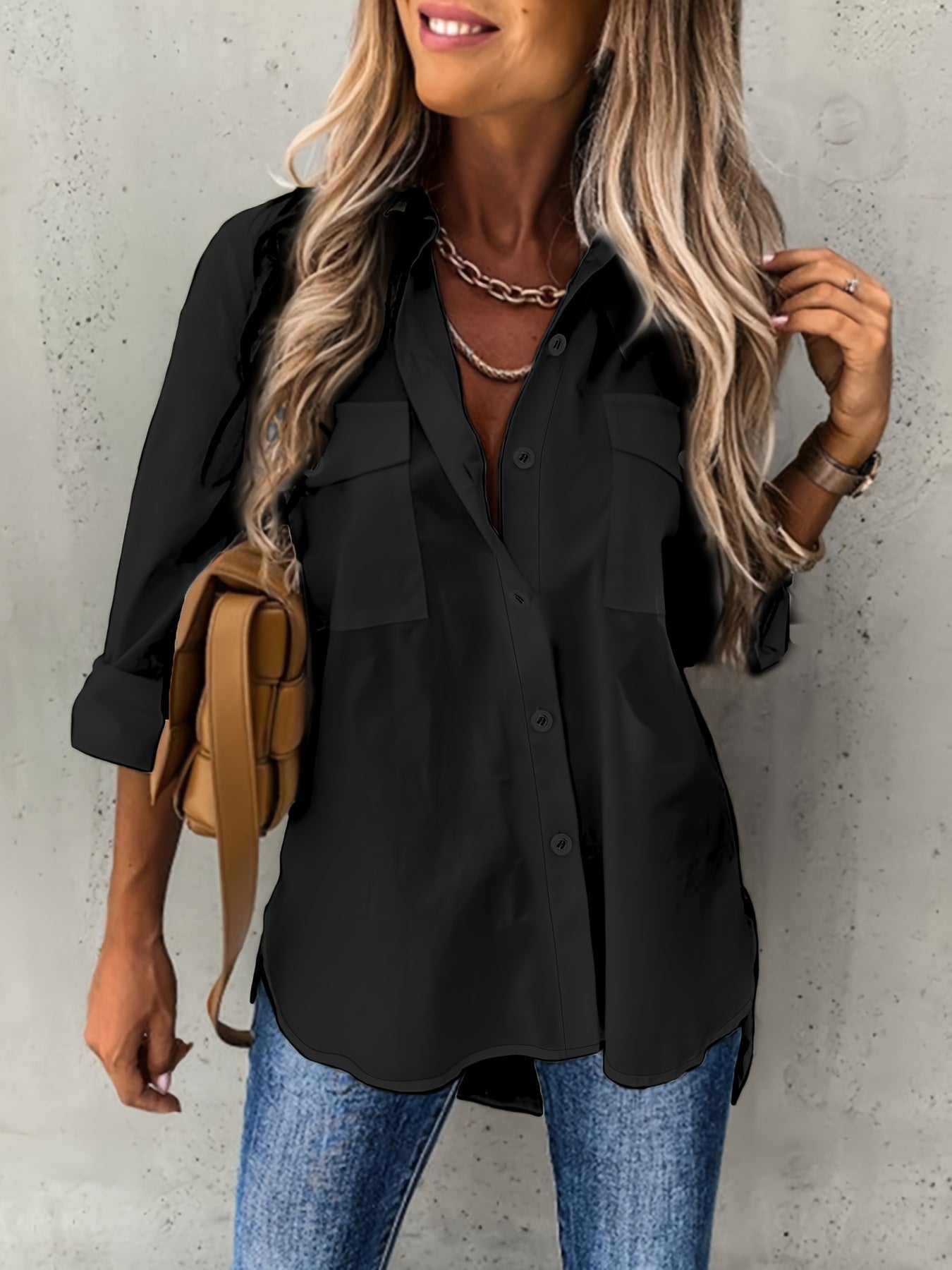 Camisa de manga larga con botones delanteros - Tejido semitransparente y cuello con solapa