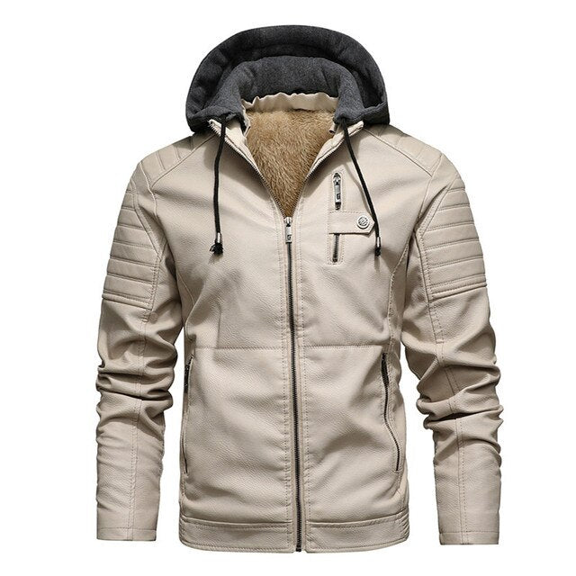 Chaqueta de invierno de cuero de motorista con capucha para los hombres | Perfecto para actividades al aire libre