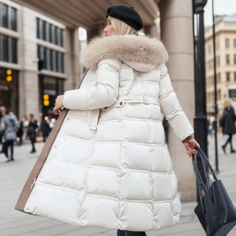 Elegante chaqueta puffer con cuello de piel sintética y cinturón para mujer