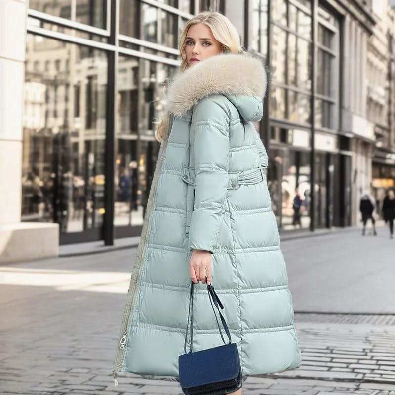 Elegante chaqueta puffer con cuello de piel sintética y cinturón para mujer