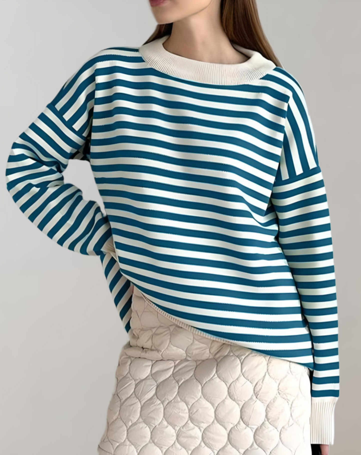 Janice - Elegante y cómodo jersey oversize de rayas con cuello redondo para mujer