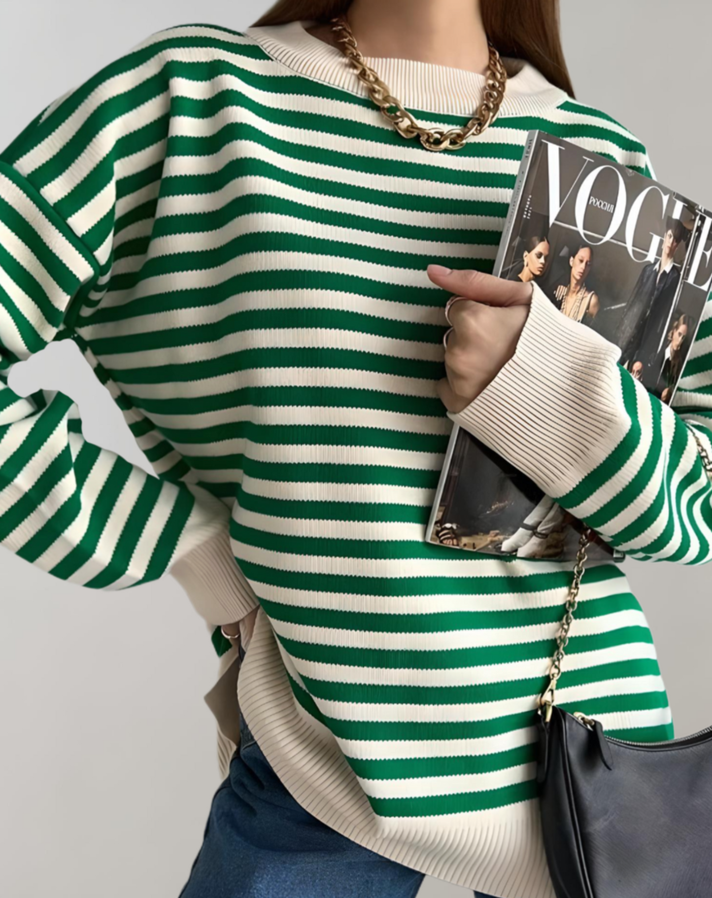 Janice - Elegante y cómodo jersey oversize de rayas con cuello redondo para mujer