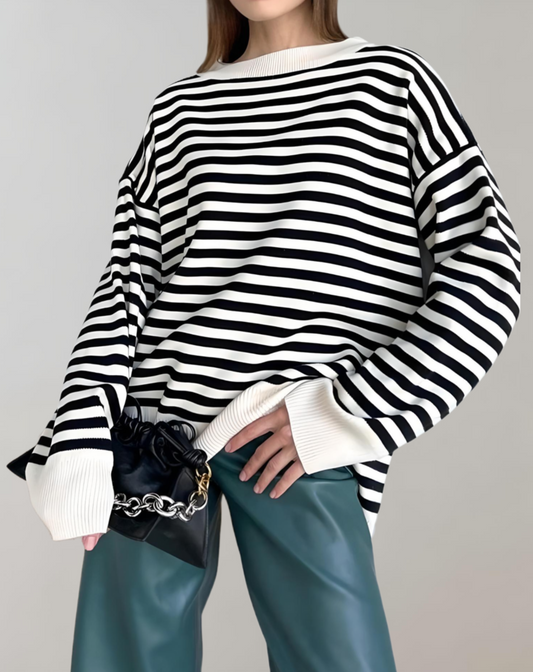 Janice - Elegante y cómodo jersey oversize de rayas con cuello redondo para mujer