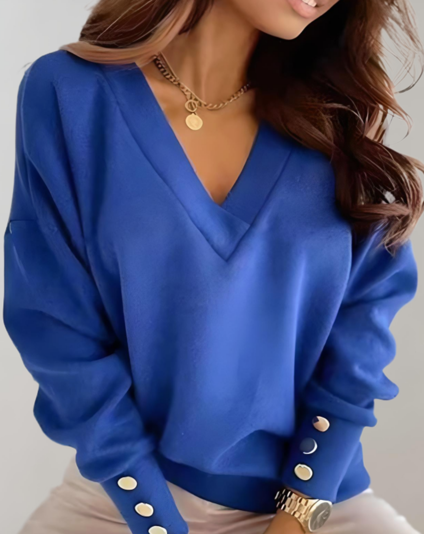 Jade - Jersey de mujer con cuello en V y botones en las mangas