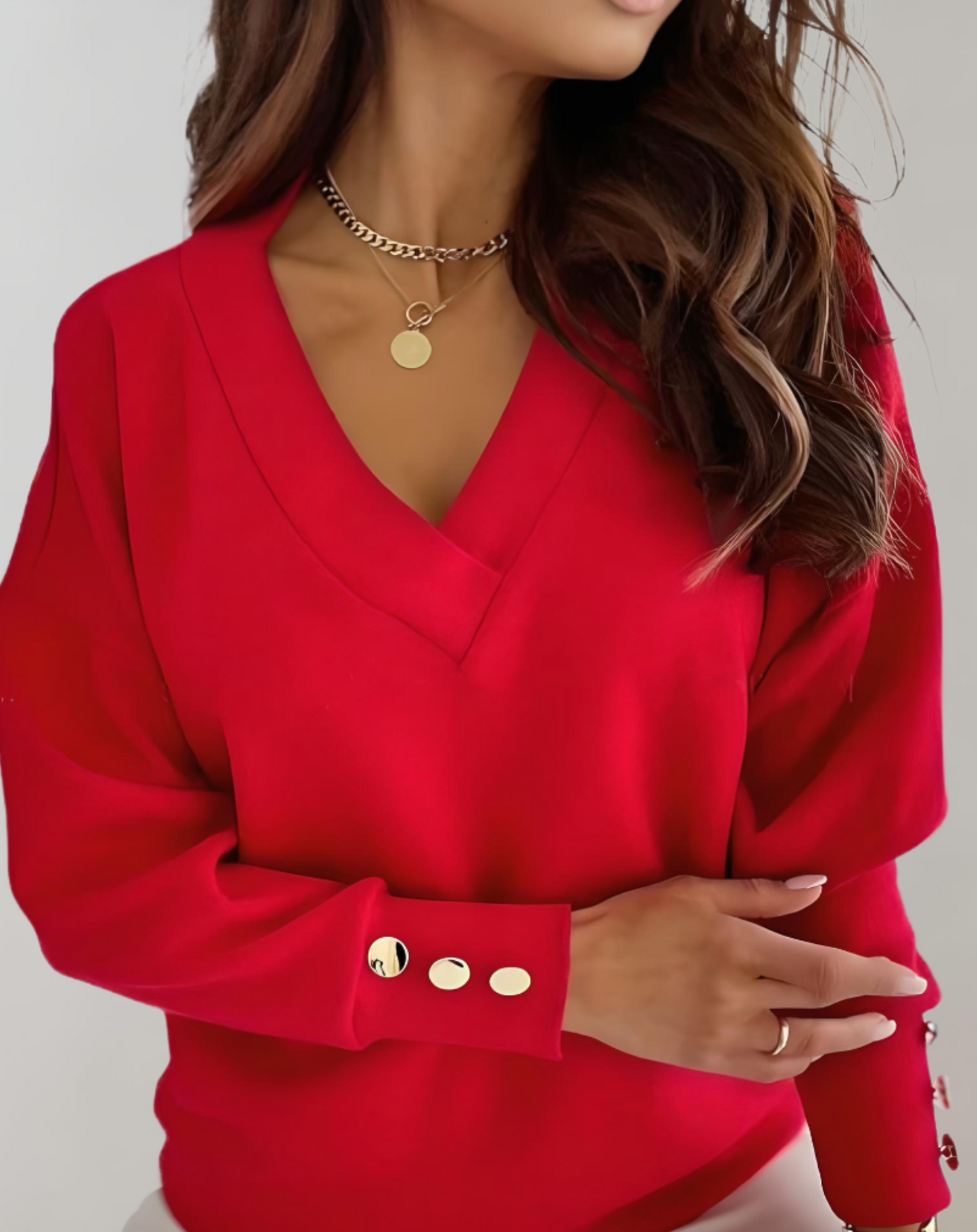Jade - Jersey de mujer con cuello en V y botones en las mangas