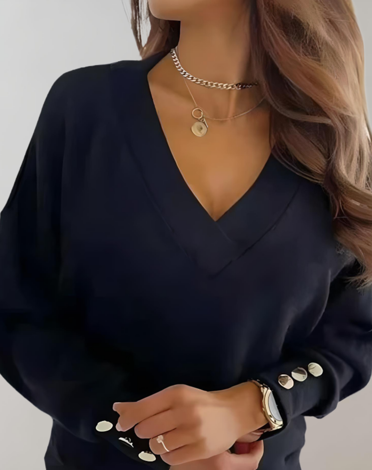 Jade - Jersey de mujer con cuello en V y botones en las mangas