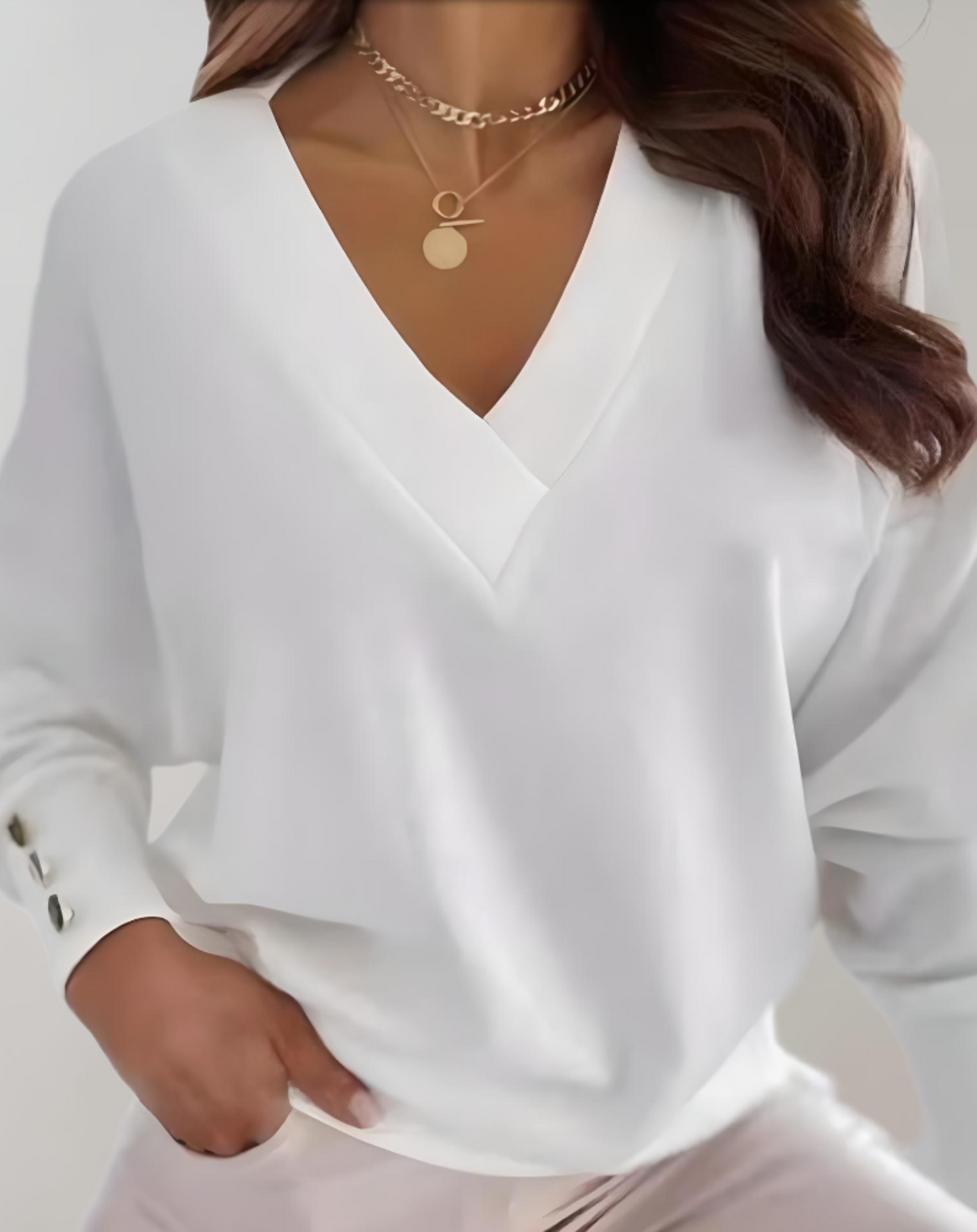 Jade - Jersey de mujer con cuello en V y botones en las mangas