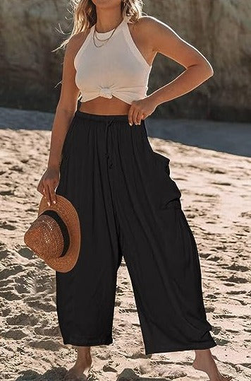Pantalones anchos de algodón y lino con cintura elástica y bolsillos