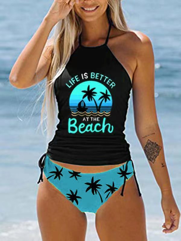 Elegante bañador negro de cuello medio con estampado