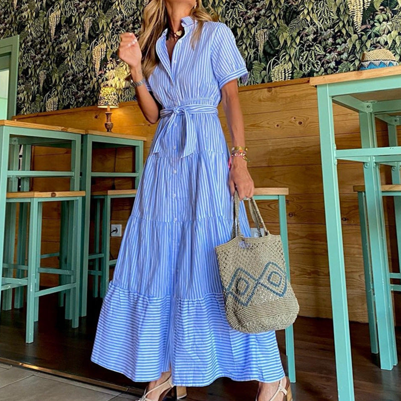 Fashion Striped Sleeves Loose Midi Dress Pantalones cortos