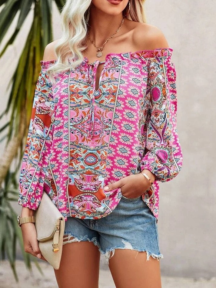 Bohemian Floral Printed Off-The-Shoulder Ruffle Shirt