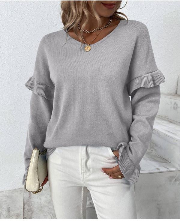 Jersey de mujer con cuello en V y manga pétalo | Colores sólidos