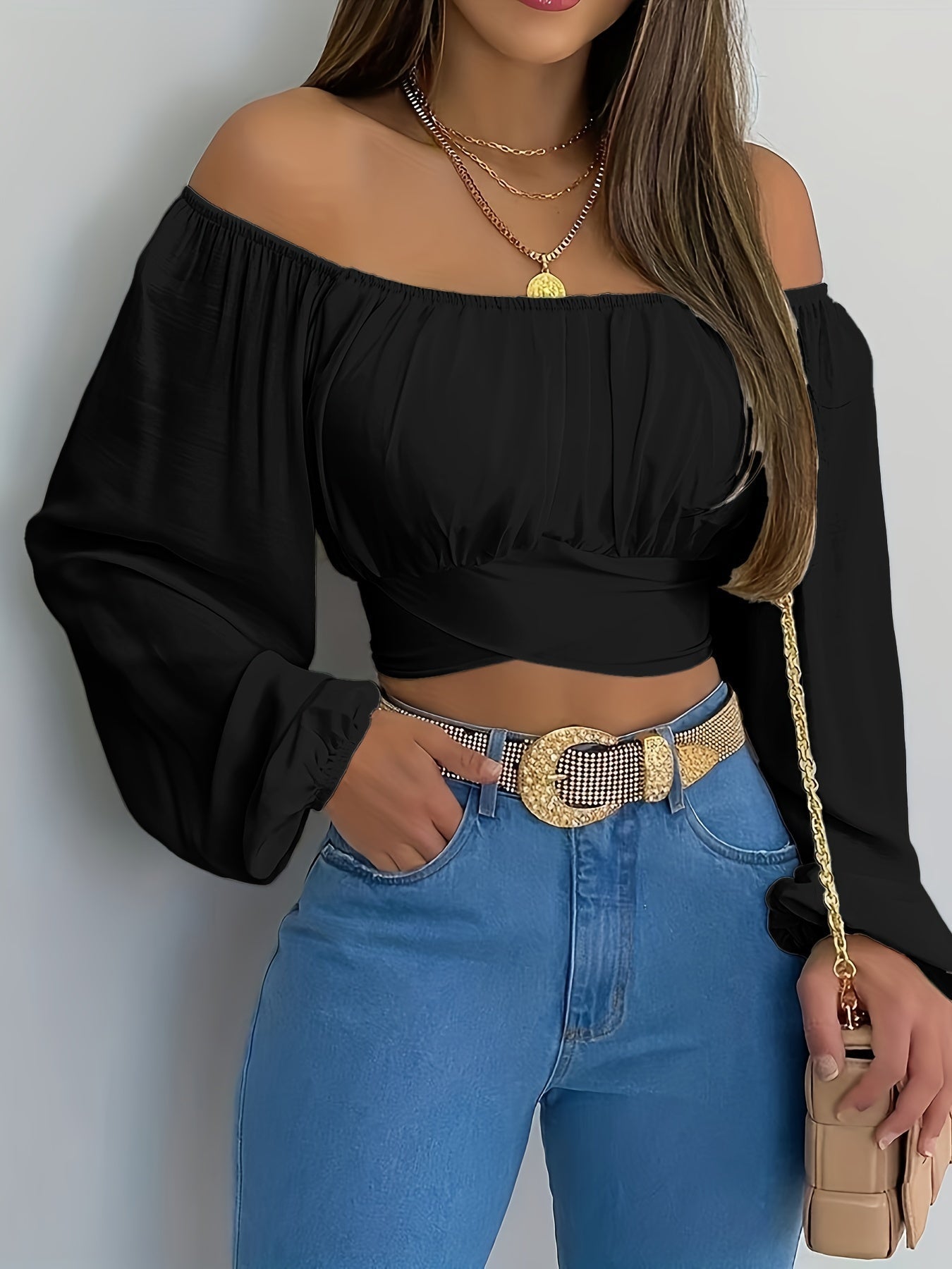 Off-Shoulder Tie Back Crop Blouse - Mangas largas y ajuste cómodo