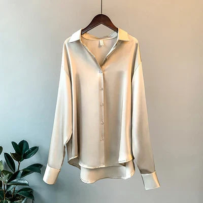 NOIMIE | Blusa coreana de satén de manga larga con cierre de un solo pecho