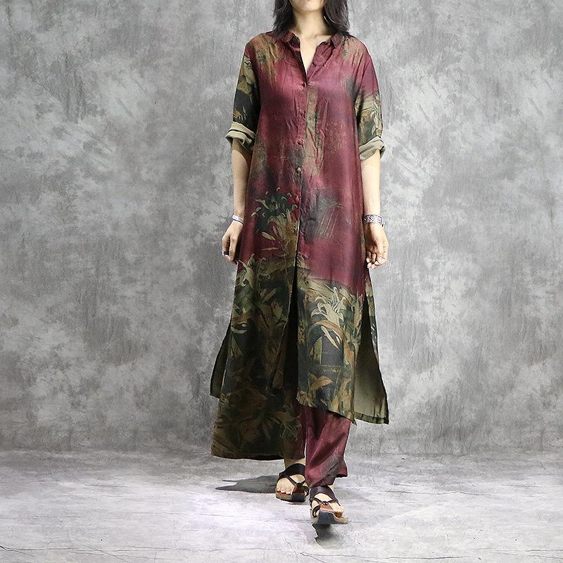 Organic-pantalones-con-piernas anchas-túnicas-de-seda-tallas-plus-rojos-vestidos-verano-dos-piezas