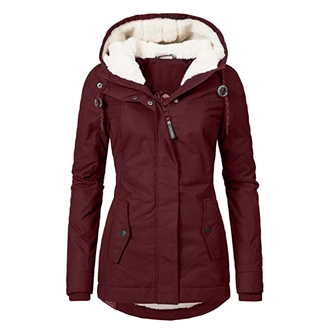 Elegante chubasquero con capucha, forro polar, cremallera y bolsillos para mujer | Ideal para otoño/invierno