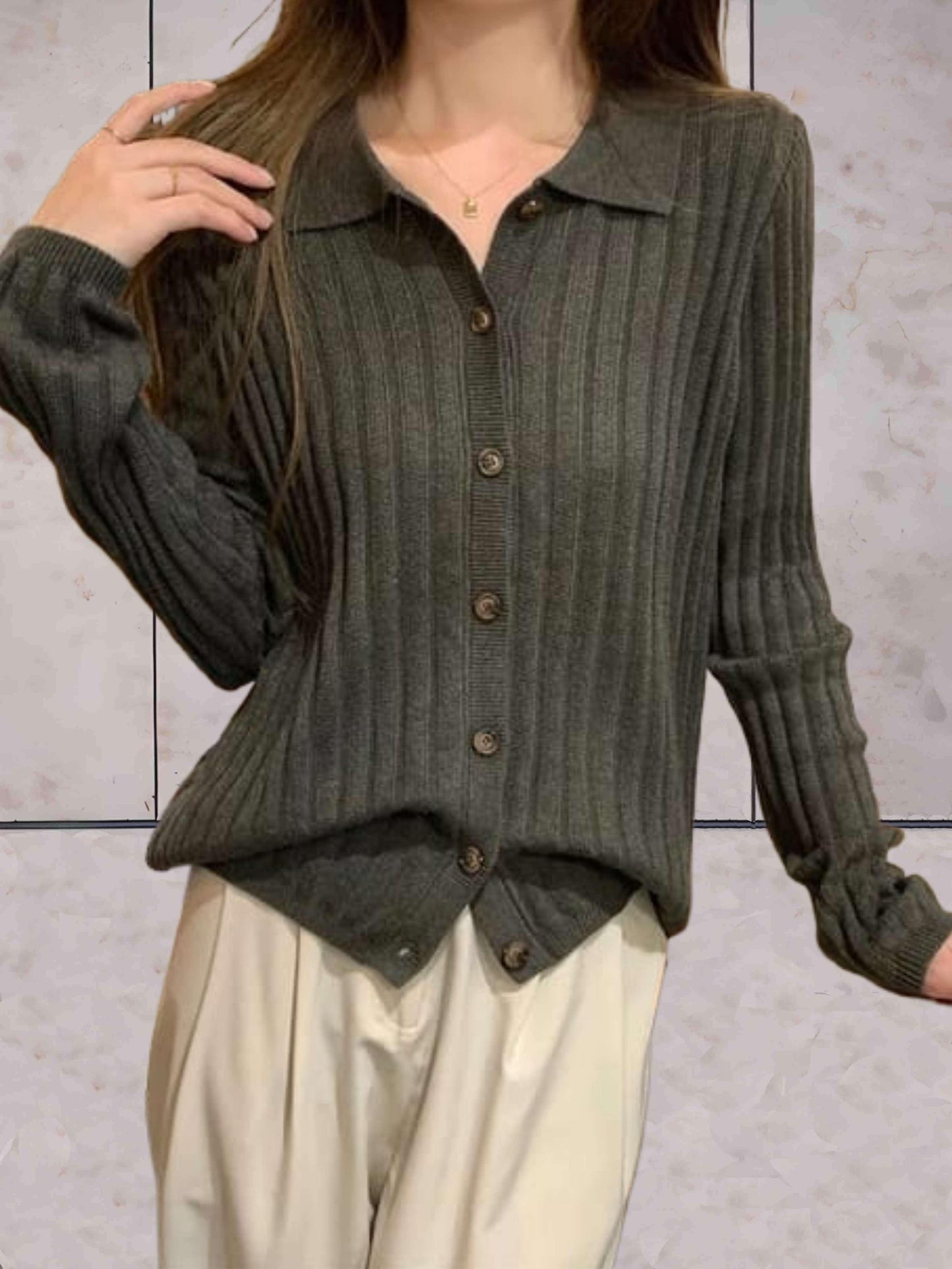Naria - Jersey sencillo de primavera para mujer con cuello de polo y cierre de botones