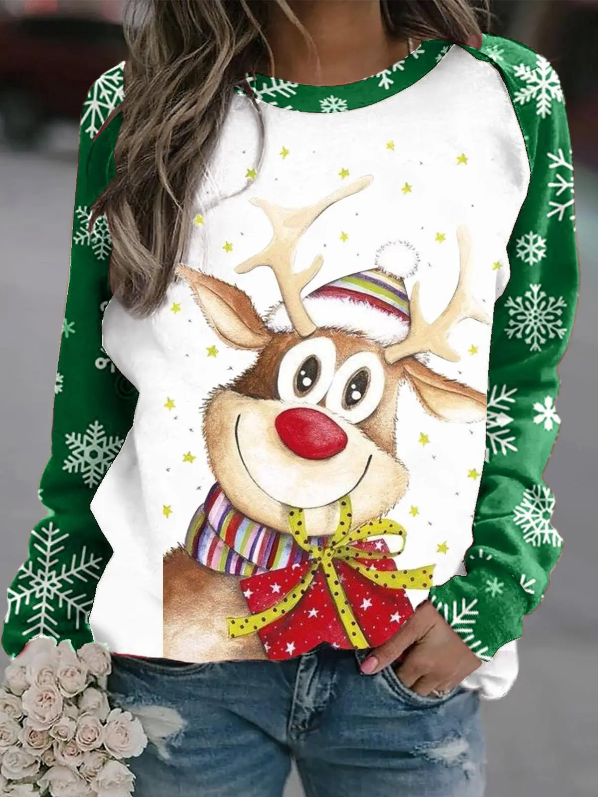 Romina | Cálido jersey con escote redondo y reno navideño estampado en 3D para mujer